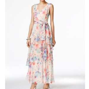 🌹NWT-TAHARA ASL FLORAL LAYERED RUFFLE SLEEVELESS RHINESTONE SHOULDERS GOWN
